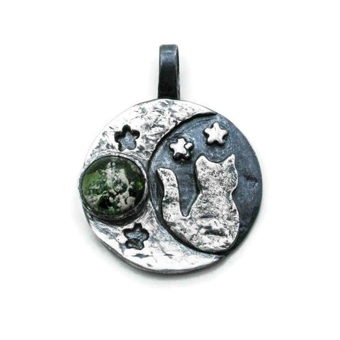 cat moon ashes in glass memorial necklace with green glass