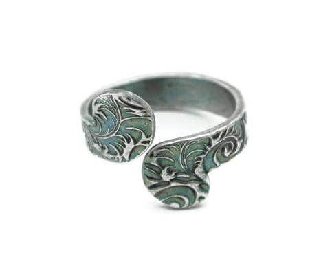 Favorite Adjustable Silver Swirls Ring with Green Patina - Cleopatra Glass Designs